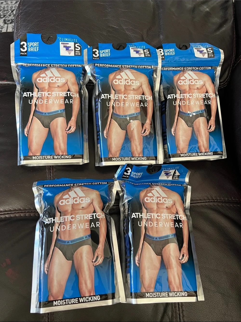 adidas Athletic Stretch Briefs - Black with Blue Waistband (5-Pack) 15 piece new